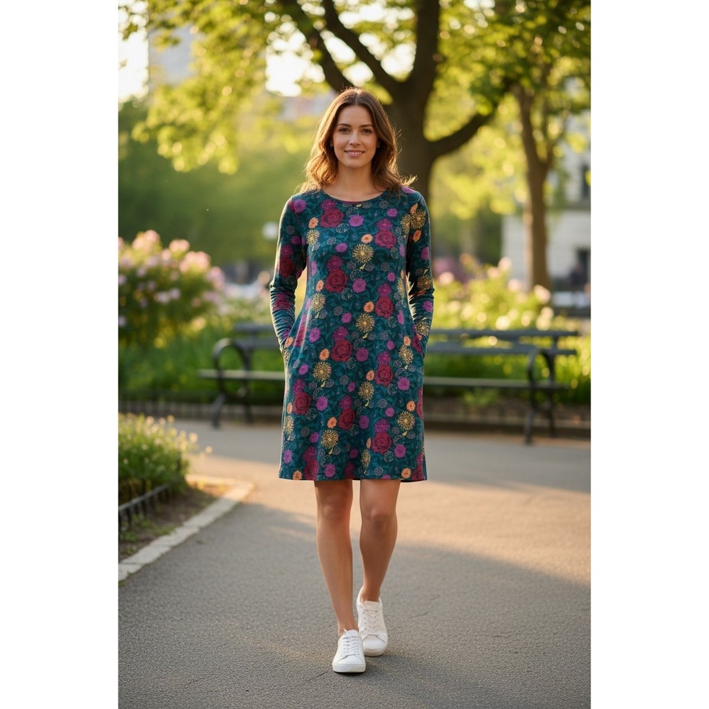 American Apparel Medium Floral Long Sleeve Shift Dress Teal Botanical Print